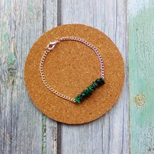 Handmade Malachite Bracelet. Bracelet features a bar of Malachite chip beads with silver finish chain.