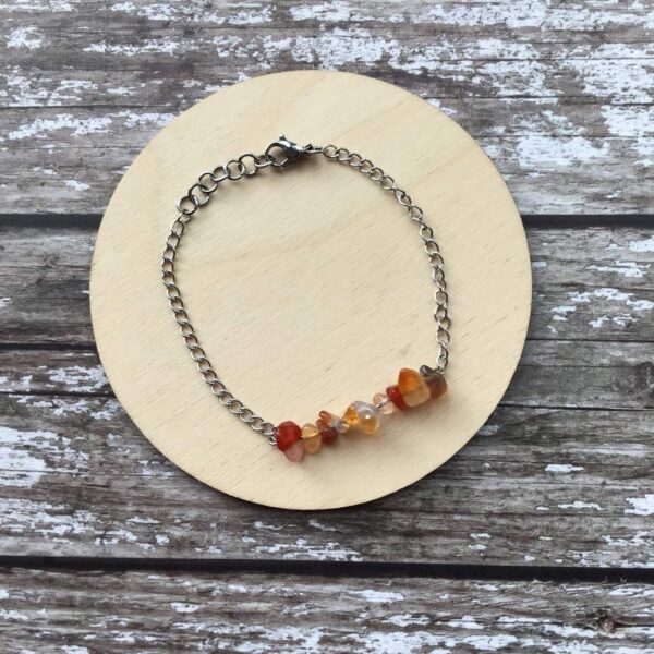 Handmade Carnelian Bracelet. Bracelet features a row of Carnelian chip beads on stainless steel wire suspended on stainless steel curb chain.