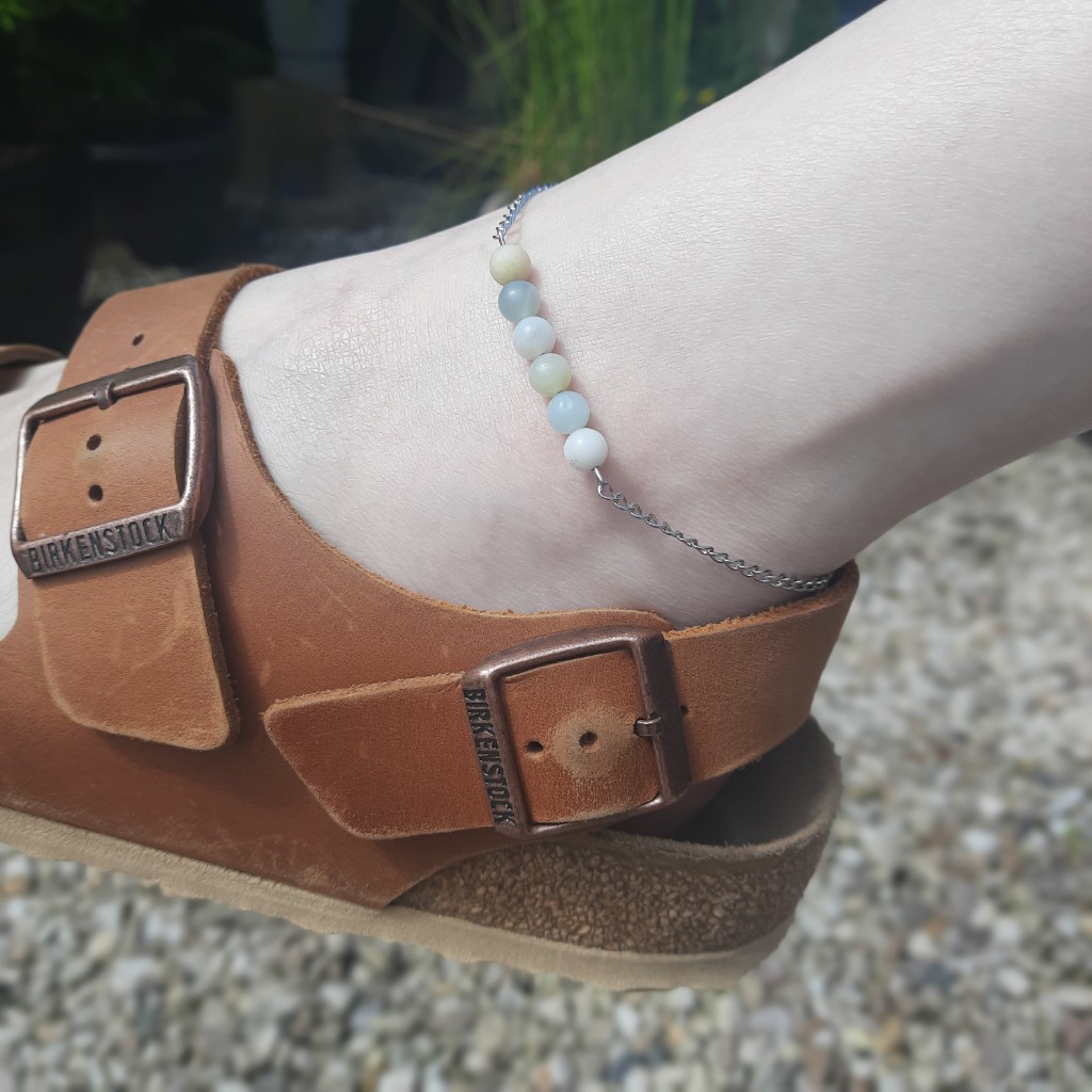 Handmade Amazonite Anklet. Anklet features a row of round Amazonite beads suspended on stainless steel chain.